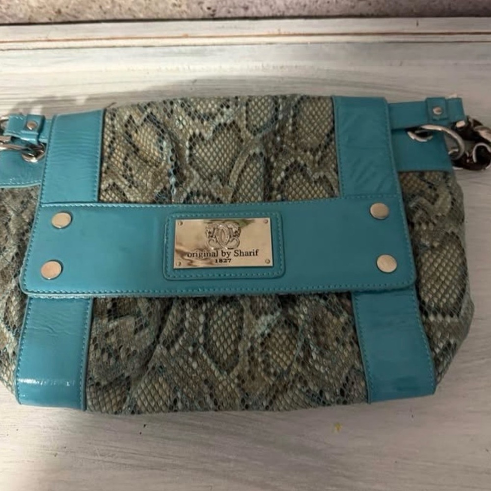 Sharif Teal Snake-Pattern Shoulder Bag w Silver Accents - Picture 8 of 10